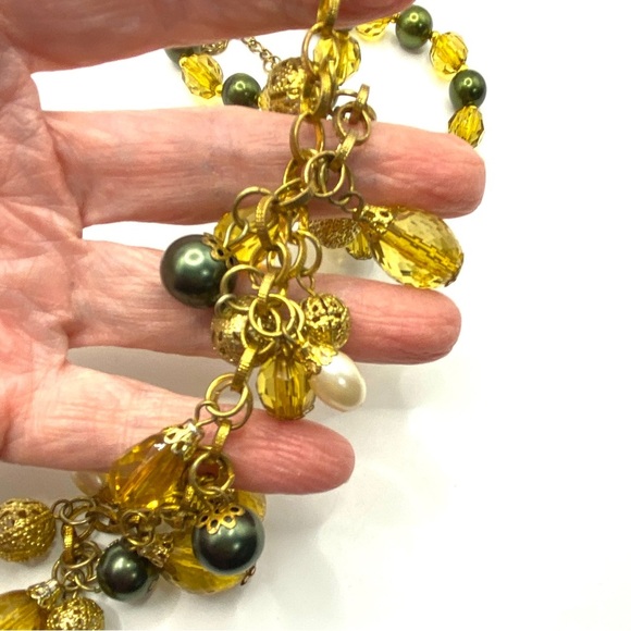 Gold Tone Green & Gold Filagree Beads Drop Statement Necklace - Picture 2 of 8